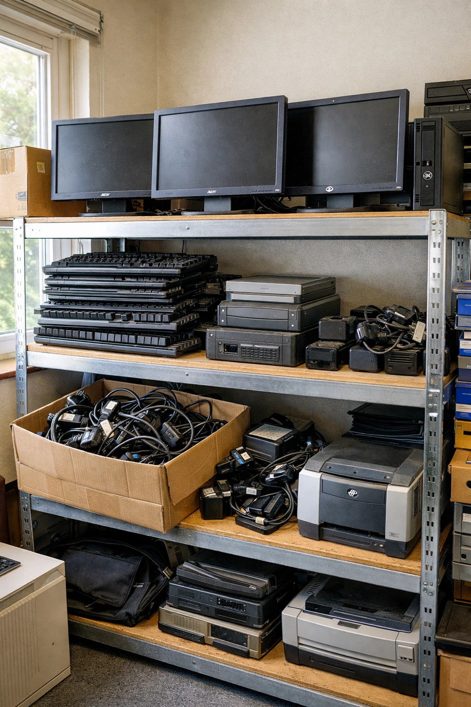 Old office computers and monitors in a Northamptonshire storage room ready for WEEE recycling.