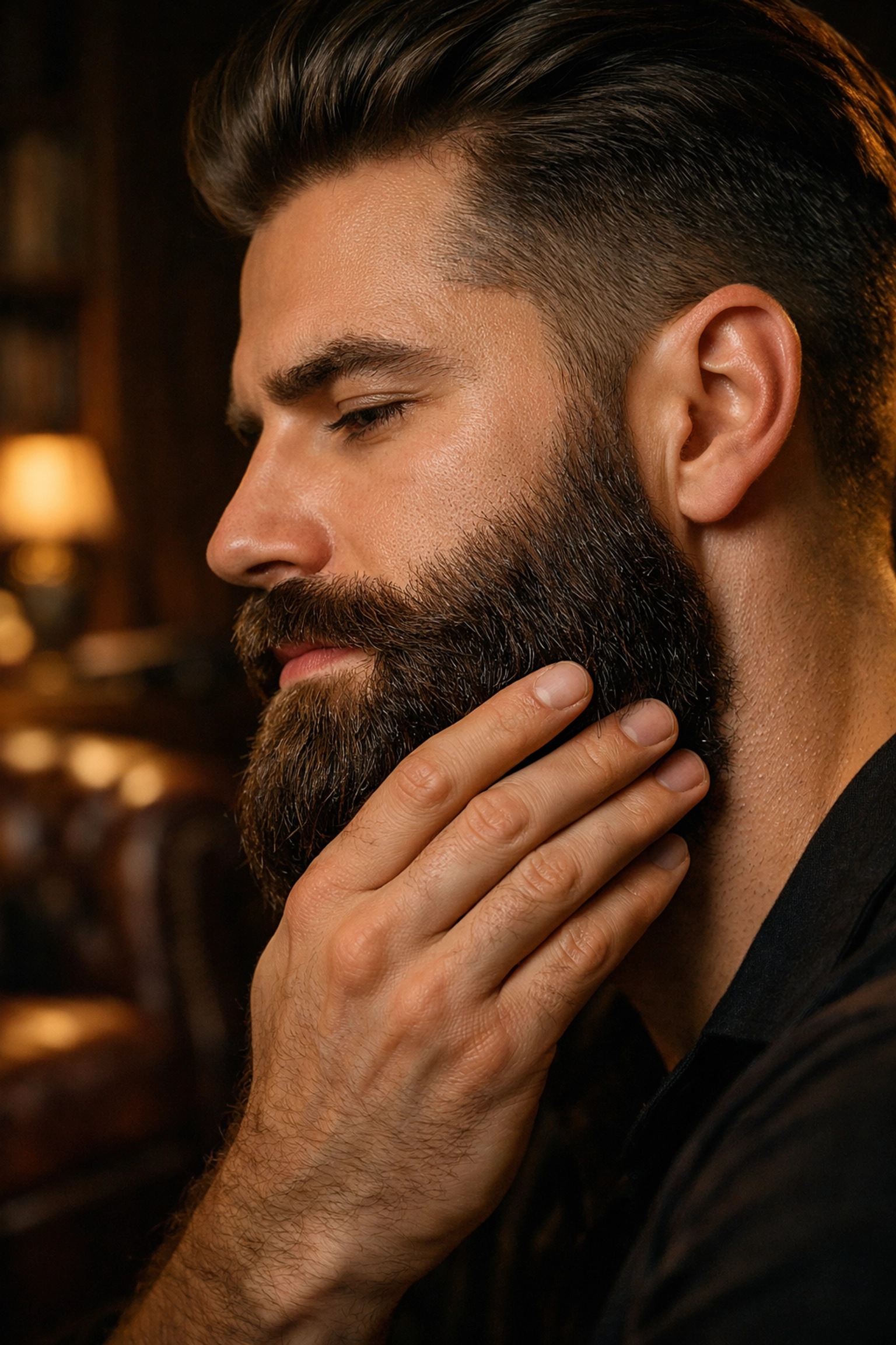 Close-up of a man with a soft, well-groomed beard showing non-greasy oil absorption.