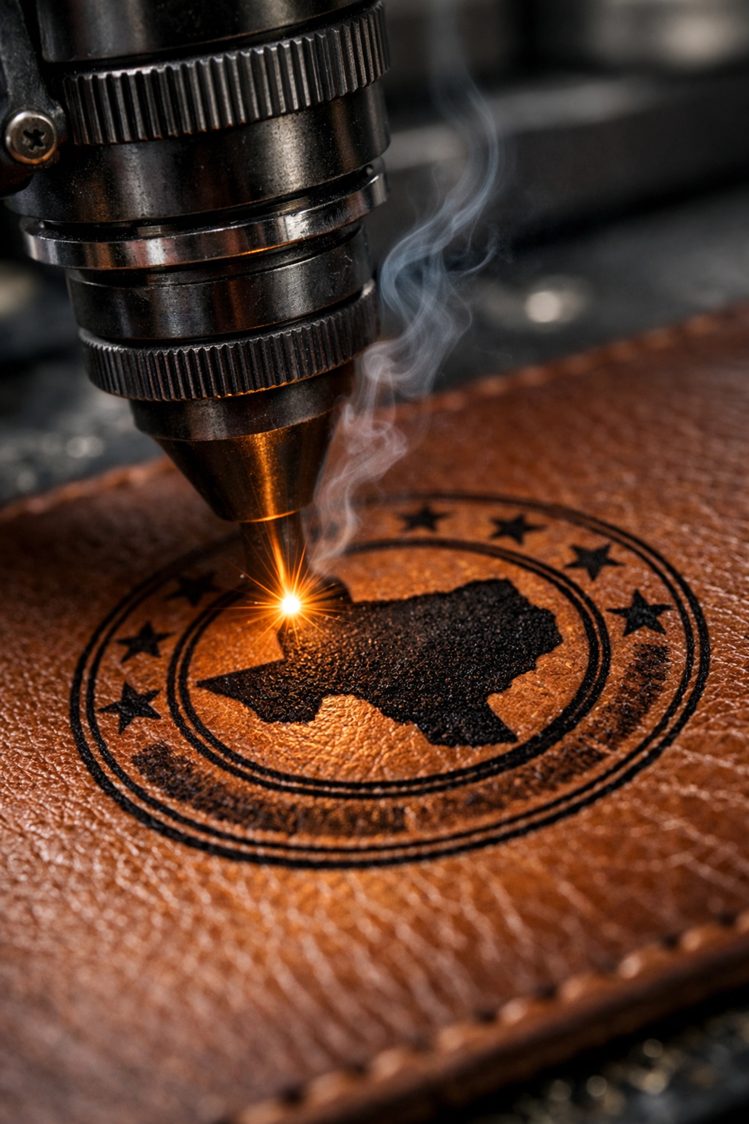 Close-up of a precision laser engraver etching a custom logo onto a high-quality cognac leather keychain.