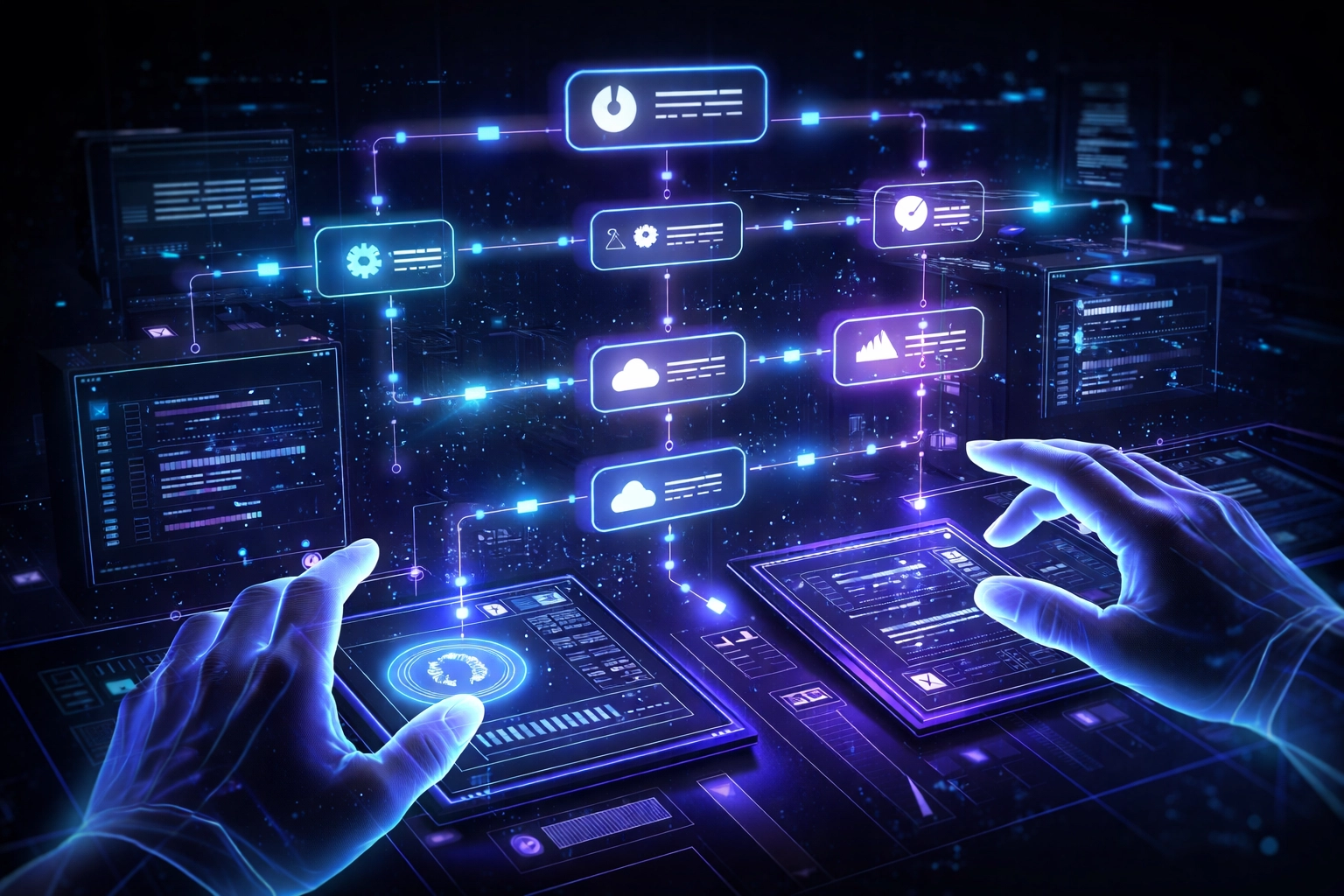 Modern automation dashboard with glowing workflow paths and holographic controls, representing effective workflow automation and human oversight.
