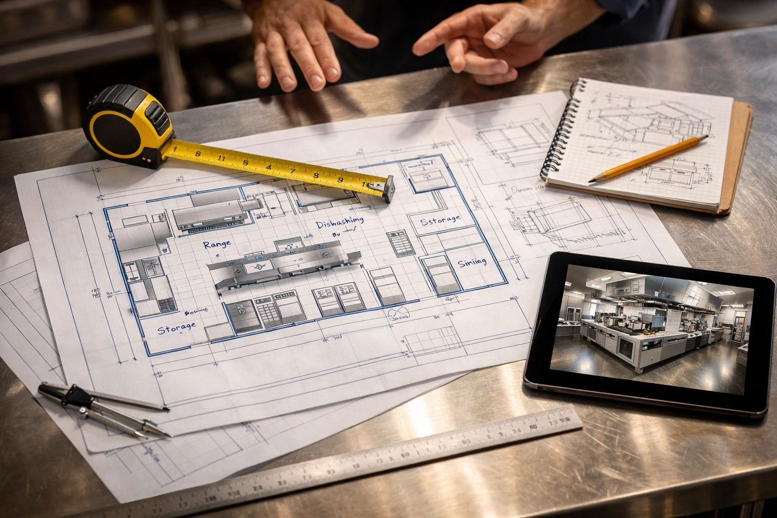 Commercial kitchen layout blueprints and design plans on prep table