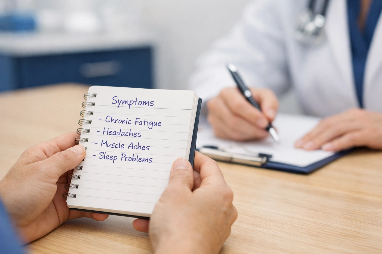 Patient documenting symptoms in notebook during medical consultation