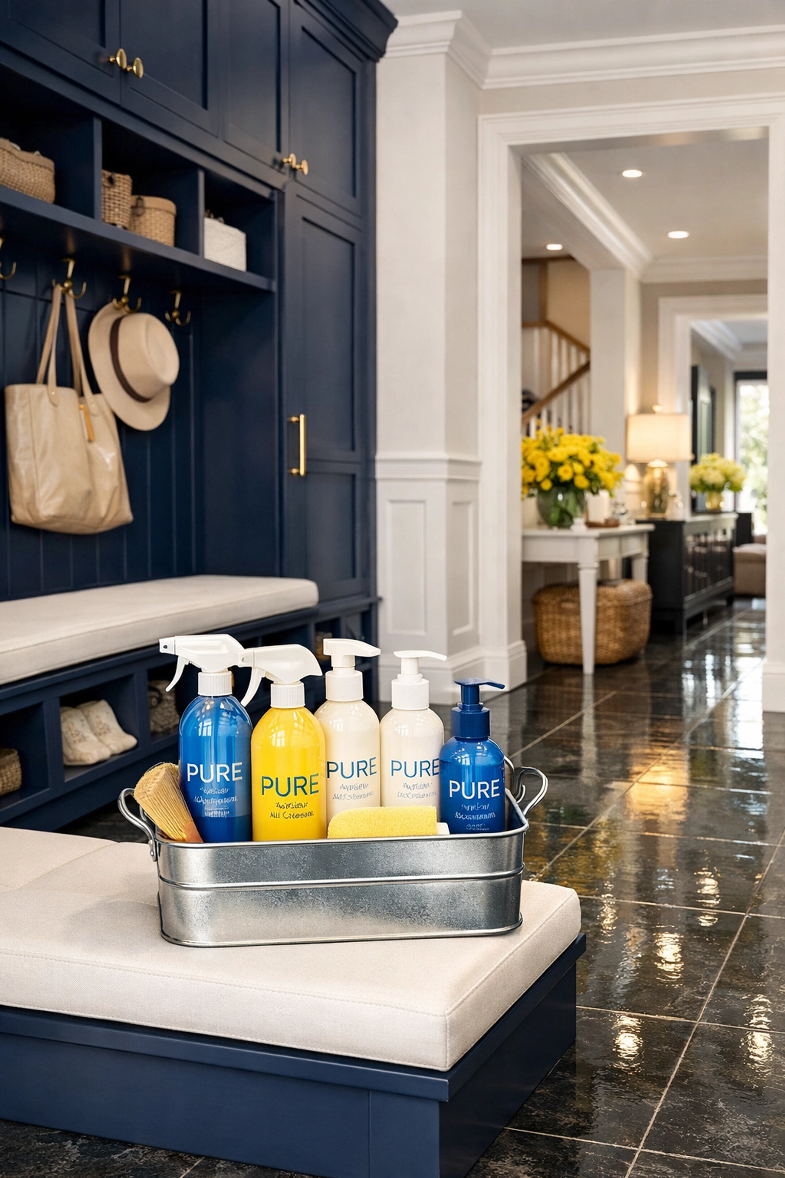 Pristine mudroom with polished floors and eco-friendly supplies from a professional luxury house cleaning in Sudbury.