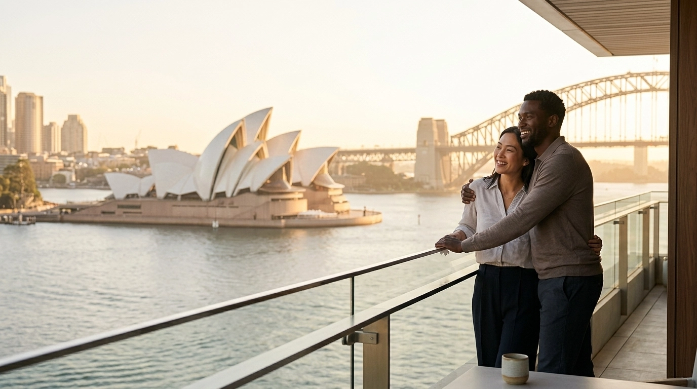 A happy couple overlooking Sydney Harbour at sunset, symbolizing their successful journey to an Australian Partner Visa.