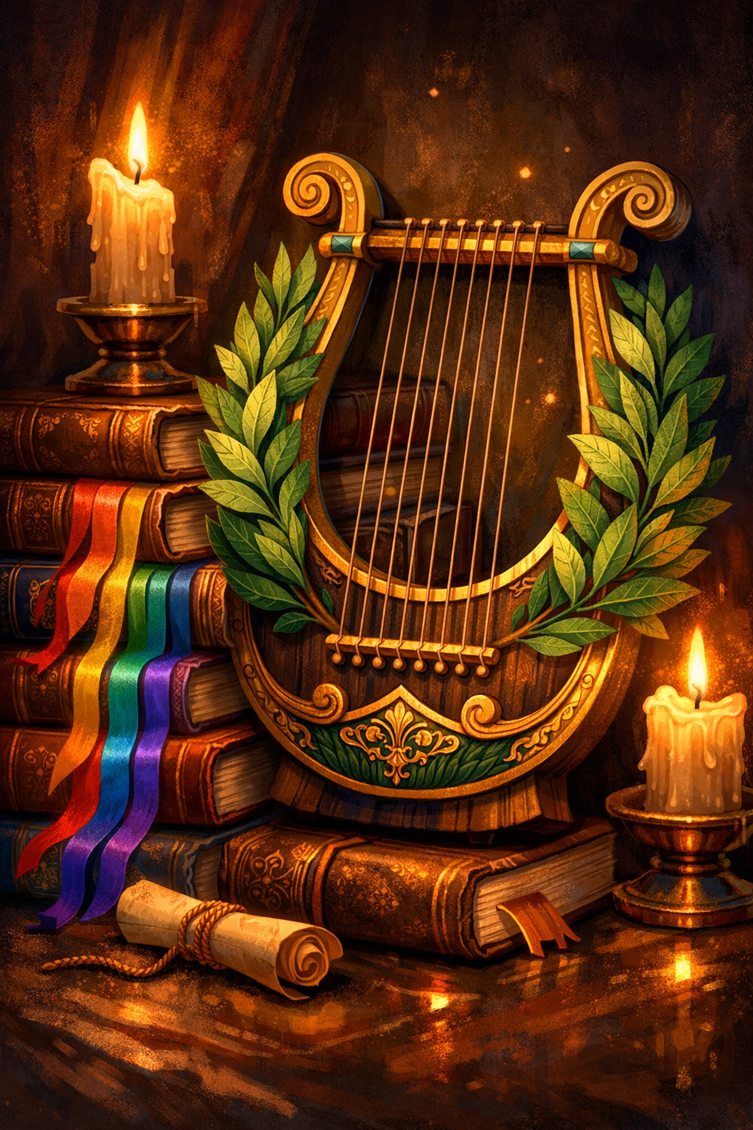 Greek lyre with books representing mythological romance and LGBTQ+ literature