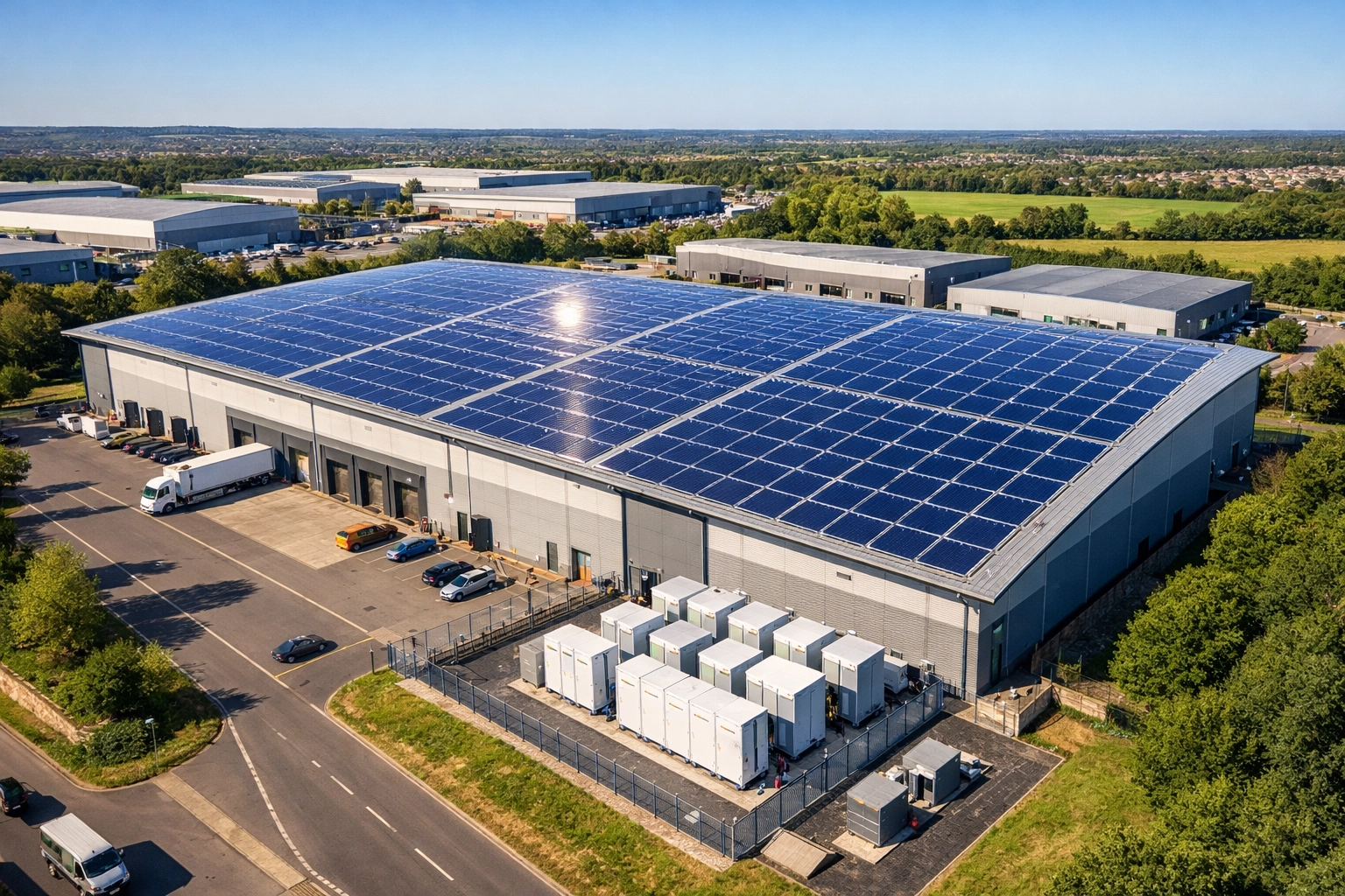 Warehouse with commercial solar panel installation and battery storage system