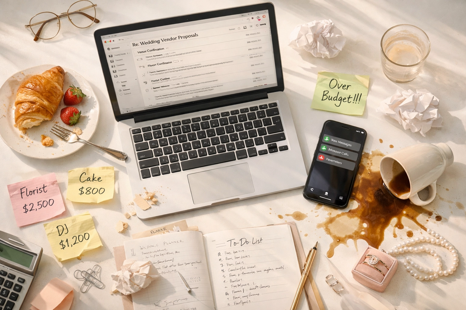 Chaotic wedding planning workspace with laptop, budget notes, and notifications showing overwhelmed planning