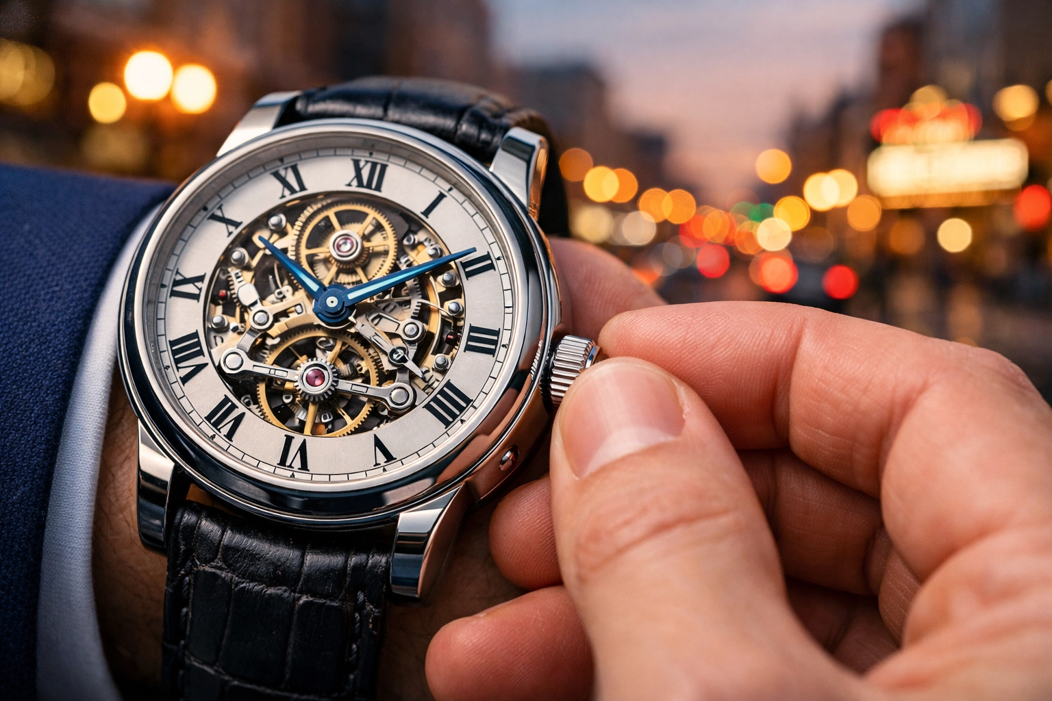 Adjusting a luxury watch to Eastern Time in downtown Terre Haute for business precision.