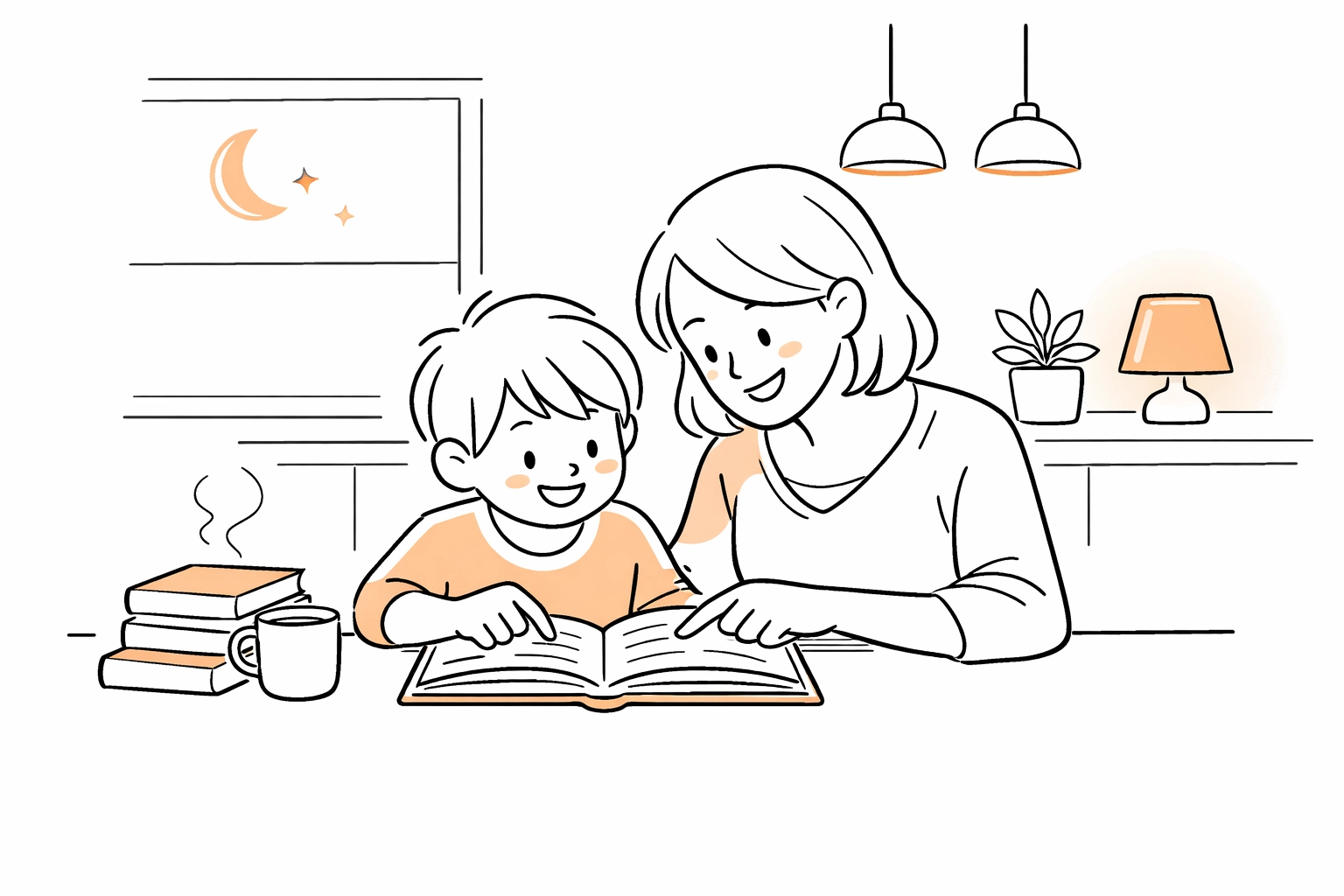 Warm, professional photo of a parent and child at the kitchen table practicing reading with a book and simple letter cards, in soft natural light.