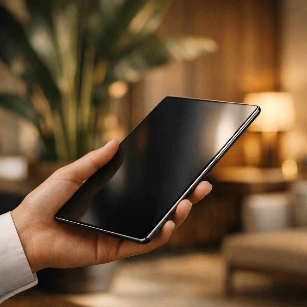 Staff member using a mobile hotel property management system on a tablet for seamless service.