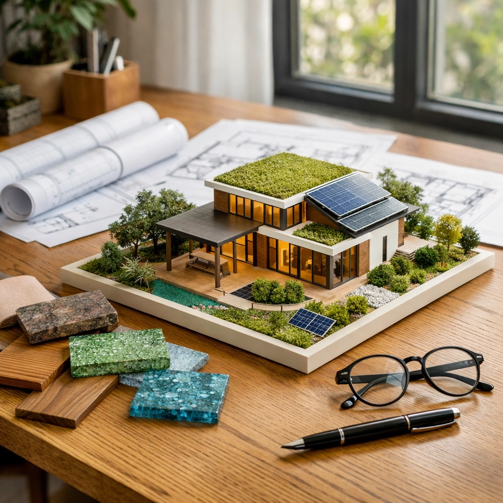 Custom home builders workspace with a sustainable home construction model and blueprints.