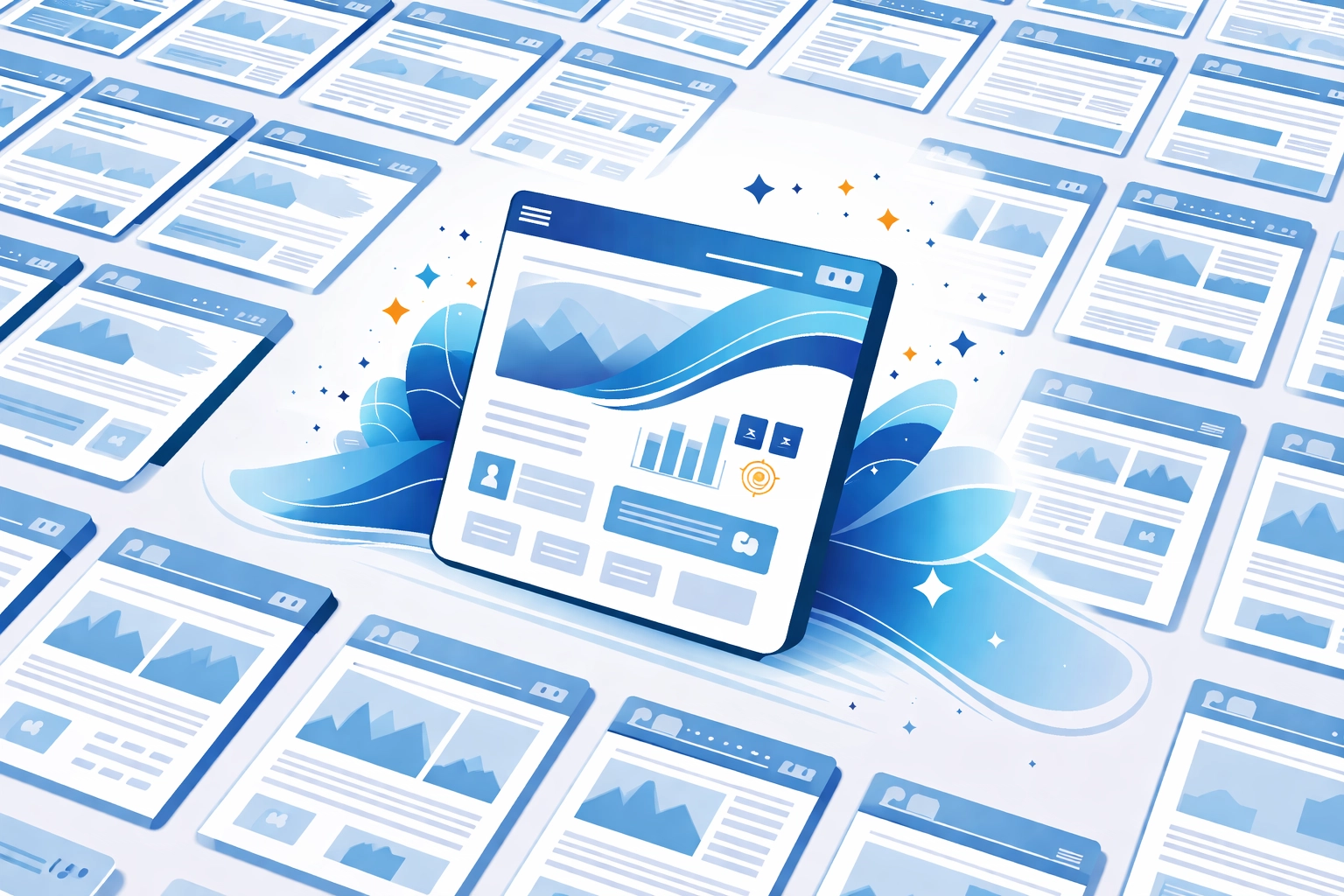 Illustration of a unique custom website standing out among identical template designs, highlighting brand differentiation