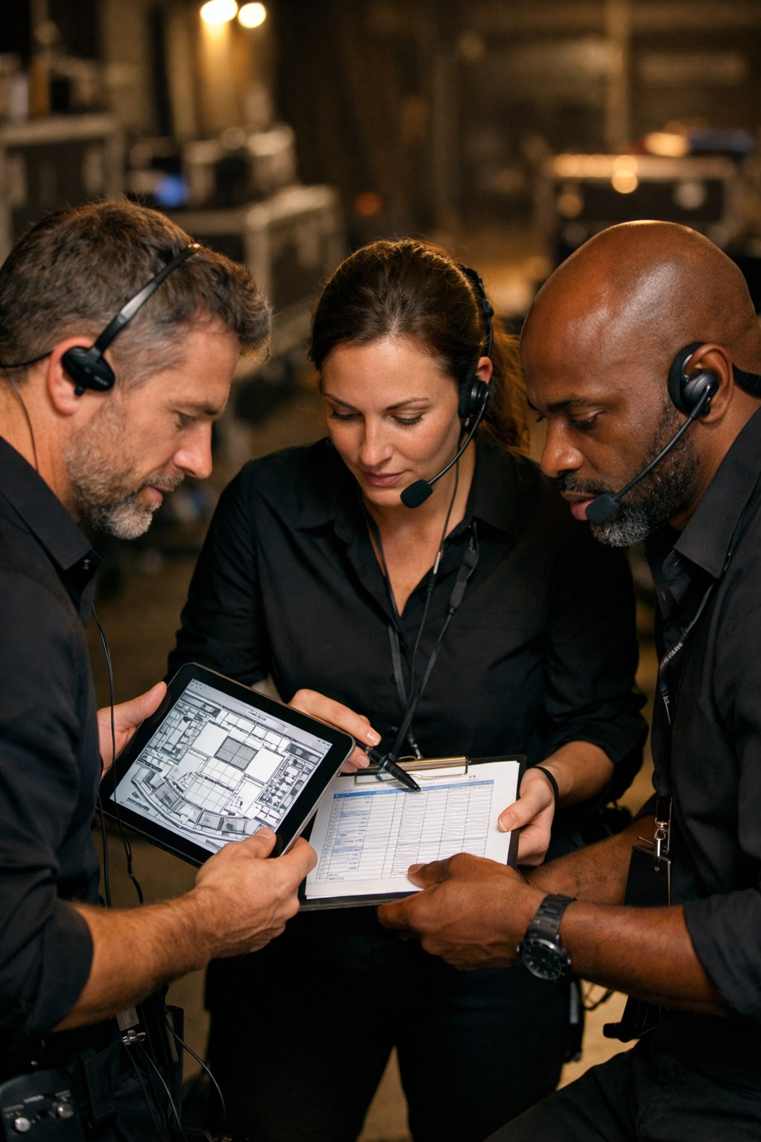 Dakdan Worldwide event production team coordinating logistics and contingency plans backstage.