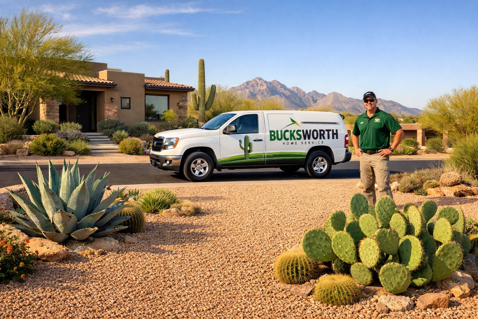 Perfectly maintained weed-free desert yard in Tucson AZ with Bucksworth Home Services vehicle.