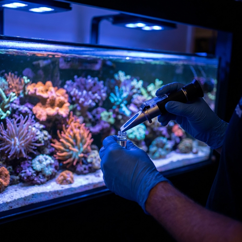 Professional aquarium technician testing saltwater parameters in a vibrant reef tank, ensuring healthy fish