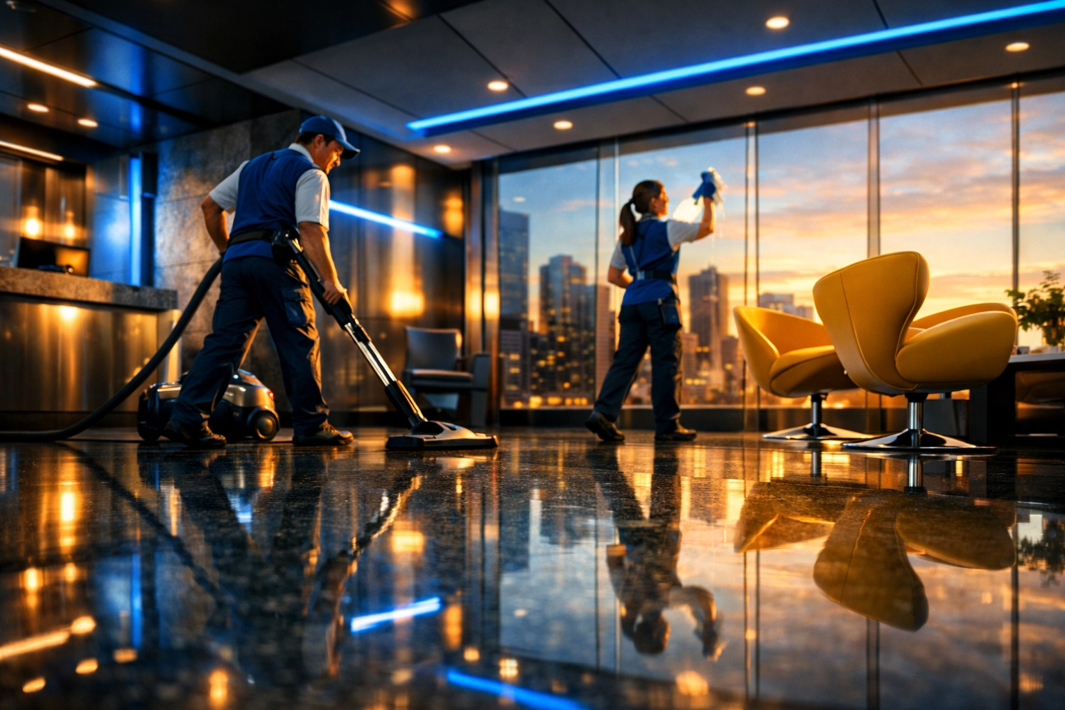 Janitorial staff providing professional commercial cleaning services near me for a Boston office building.