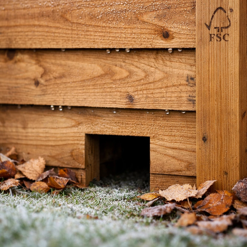 FSC-certified timber fence with hedgehog gap at base in winter Manchester garden