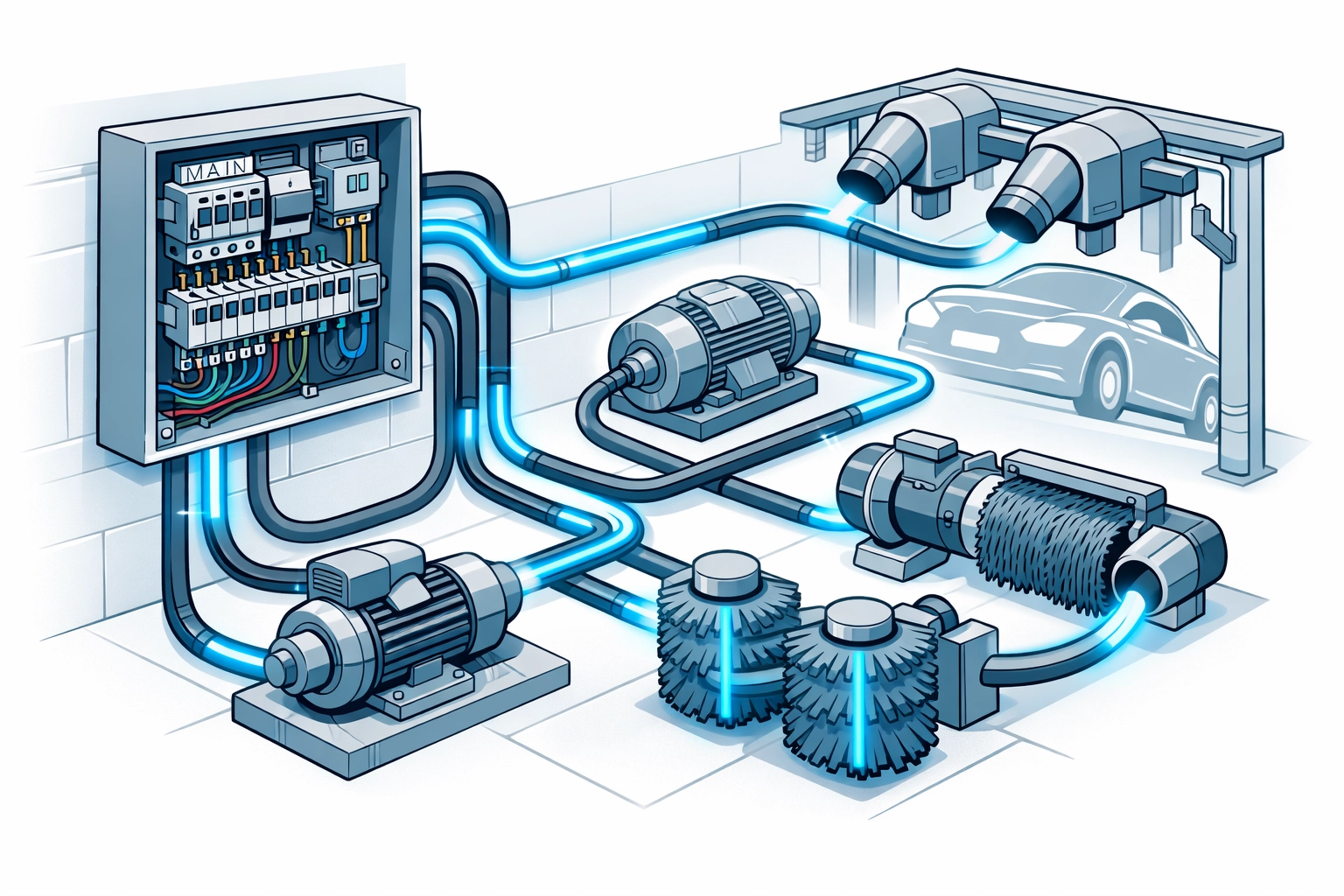 Carwash electrical panel system showing power distribution to pumps, motors, and dryers