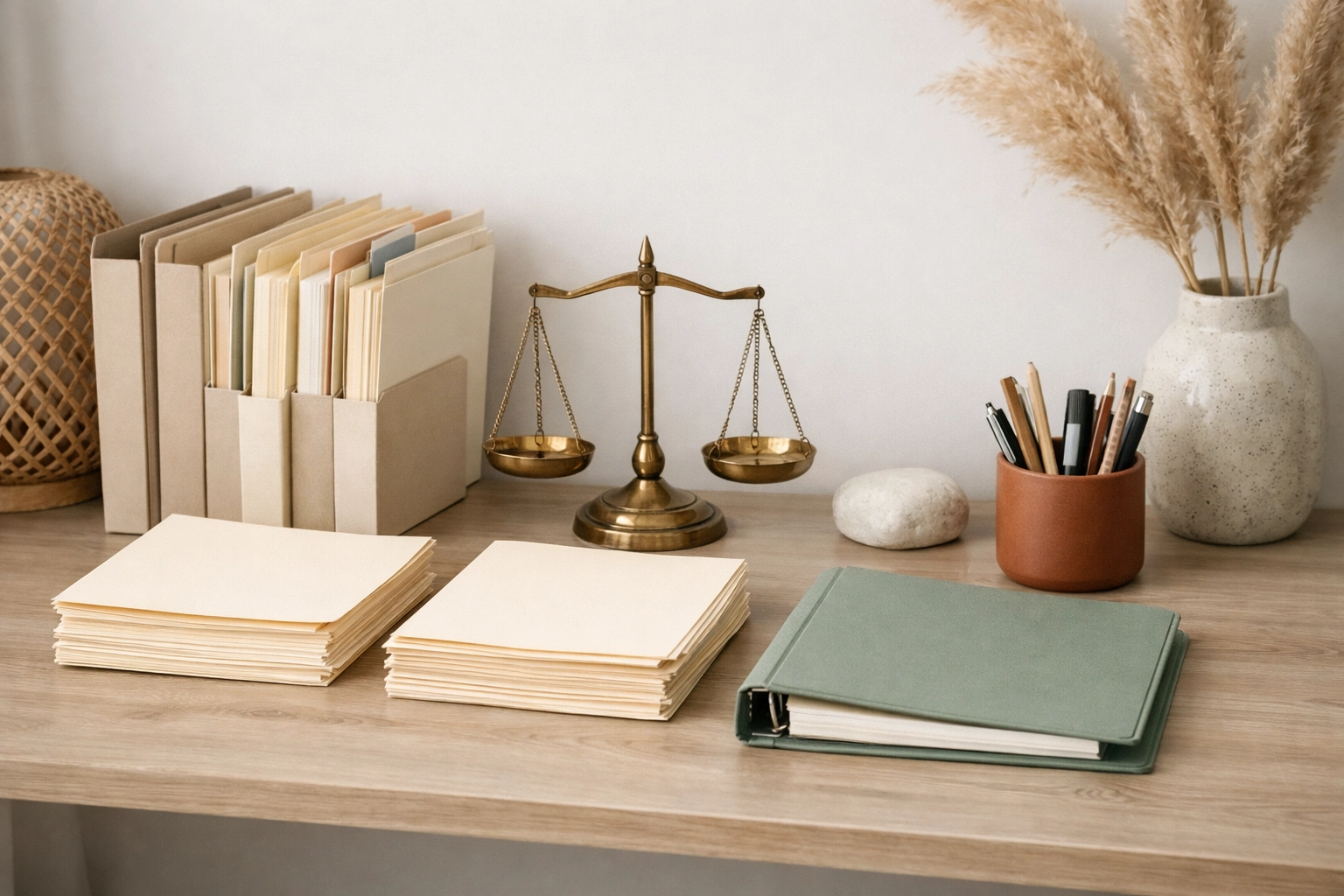 Organized property division folders and cream paper stacks in a calm boho chic workspace with sage and terracotta decor.