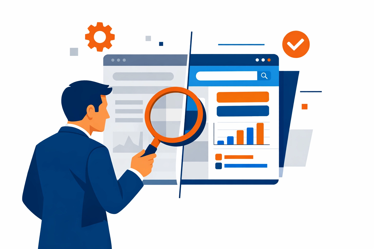 Professional auditing a customer education dashboard for UI drift using a magnifying glass.