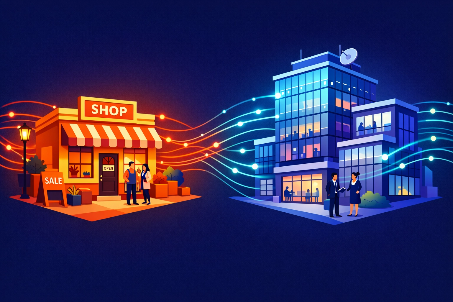 Small business and large enterprise connected by digital marketing networks showing budget differences