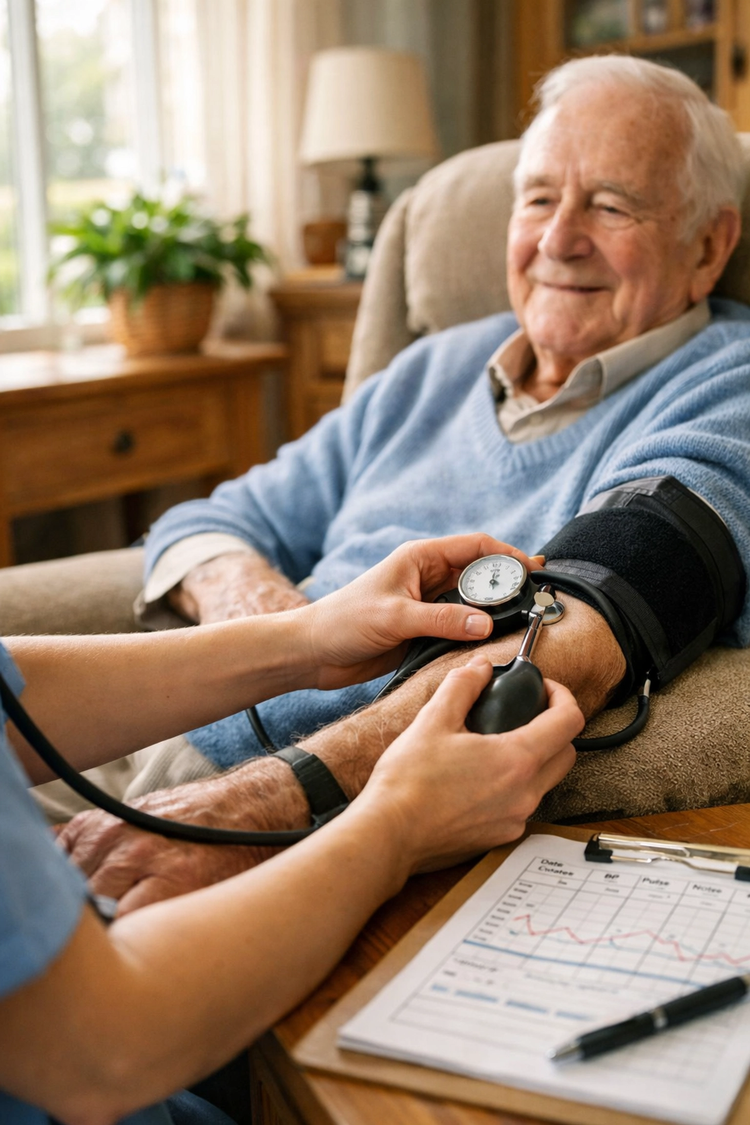 Healthcare assistant monitoring blood pressure and vital signs of elderly gentleman at home