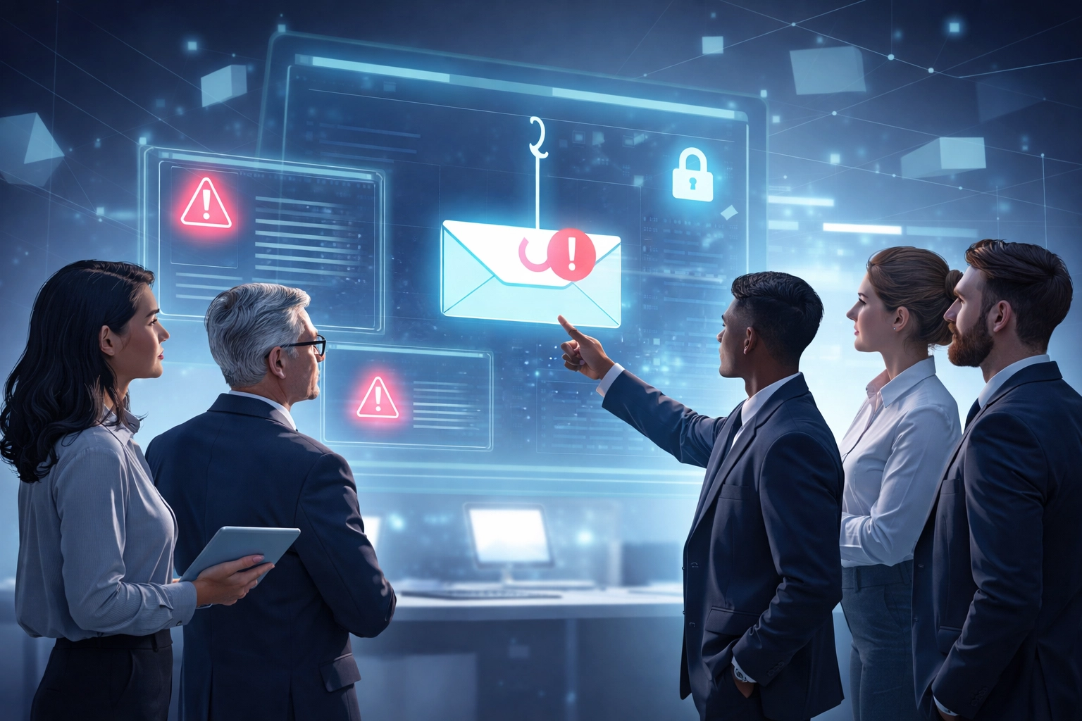 Employees participating in cybersecurity training to identify phishing threats