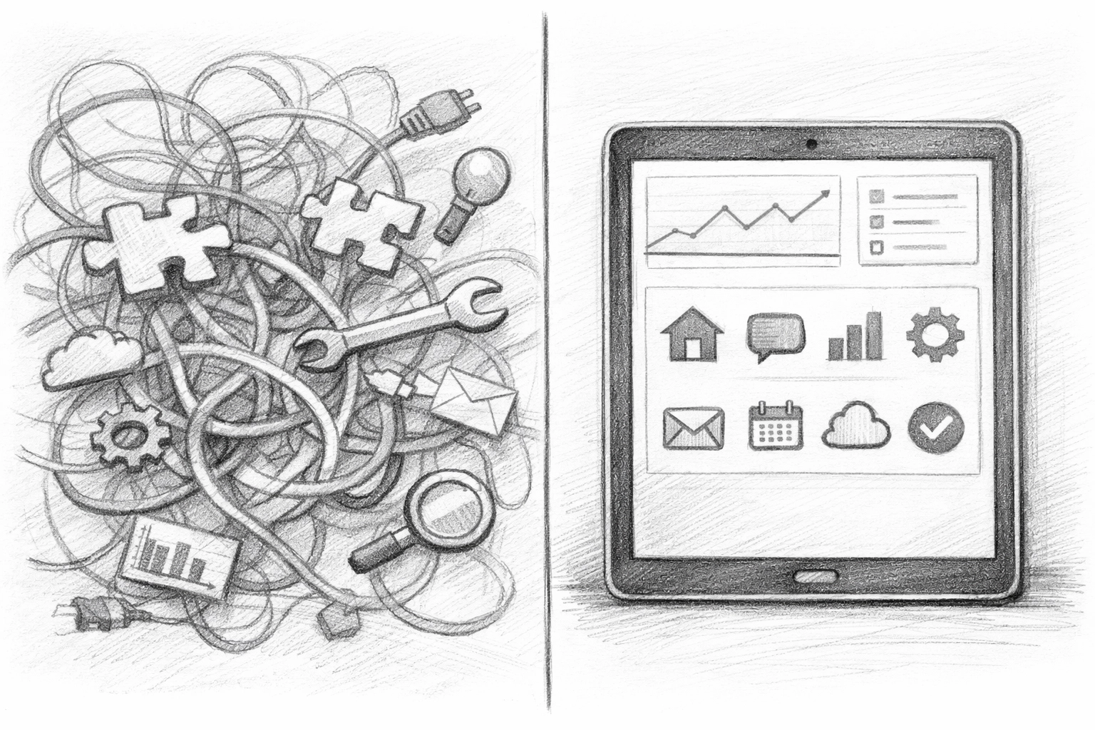 Comparison of chaotic disconnected tools versus streamlined all-in-one booking dashboard