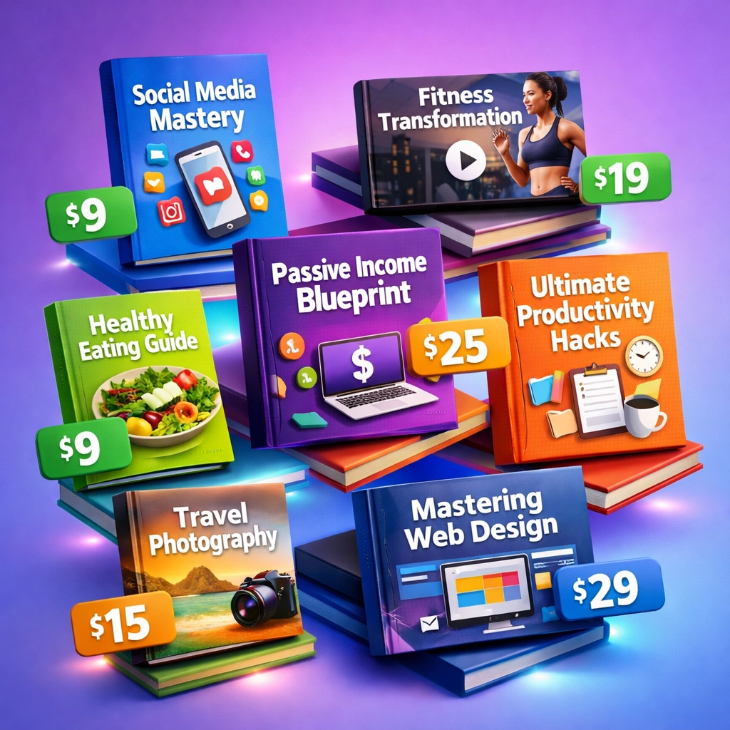 Affordable digital product catalog featuring ebooks and video courses with resell rights