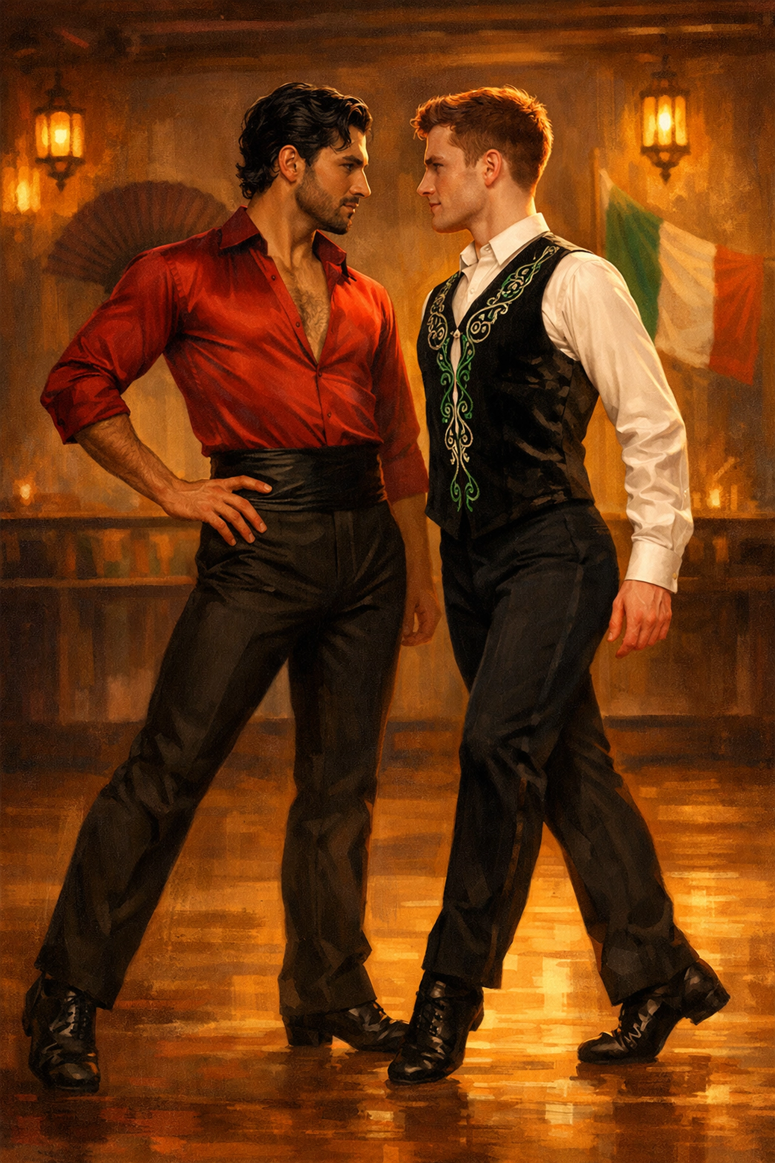 Two male dancers from different cultural traditions in studio - queer dance romance