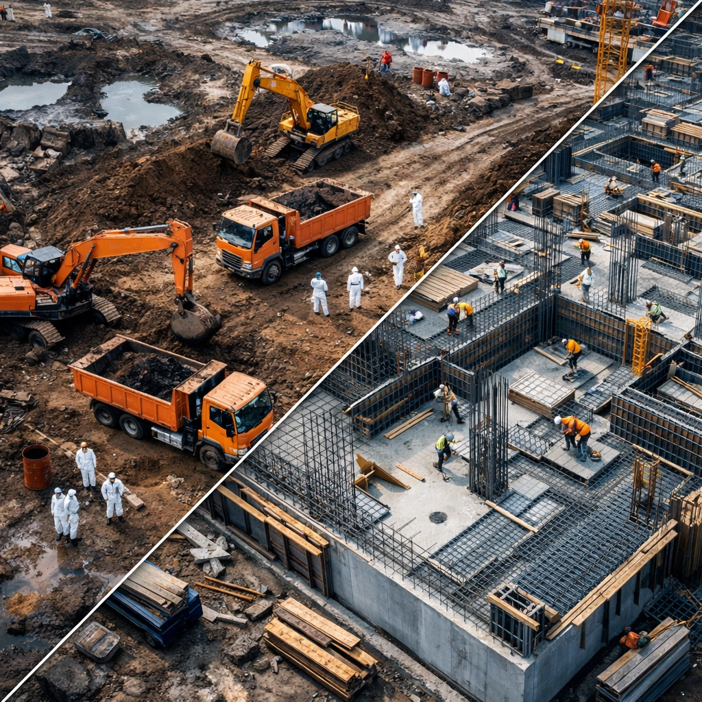 Traditional soil remediation vs integrated design-first construction approach at brownfield site