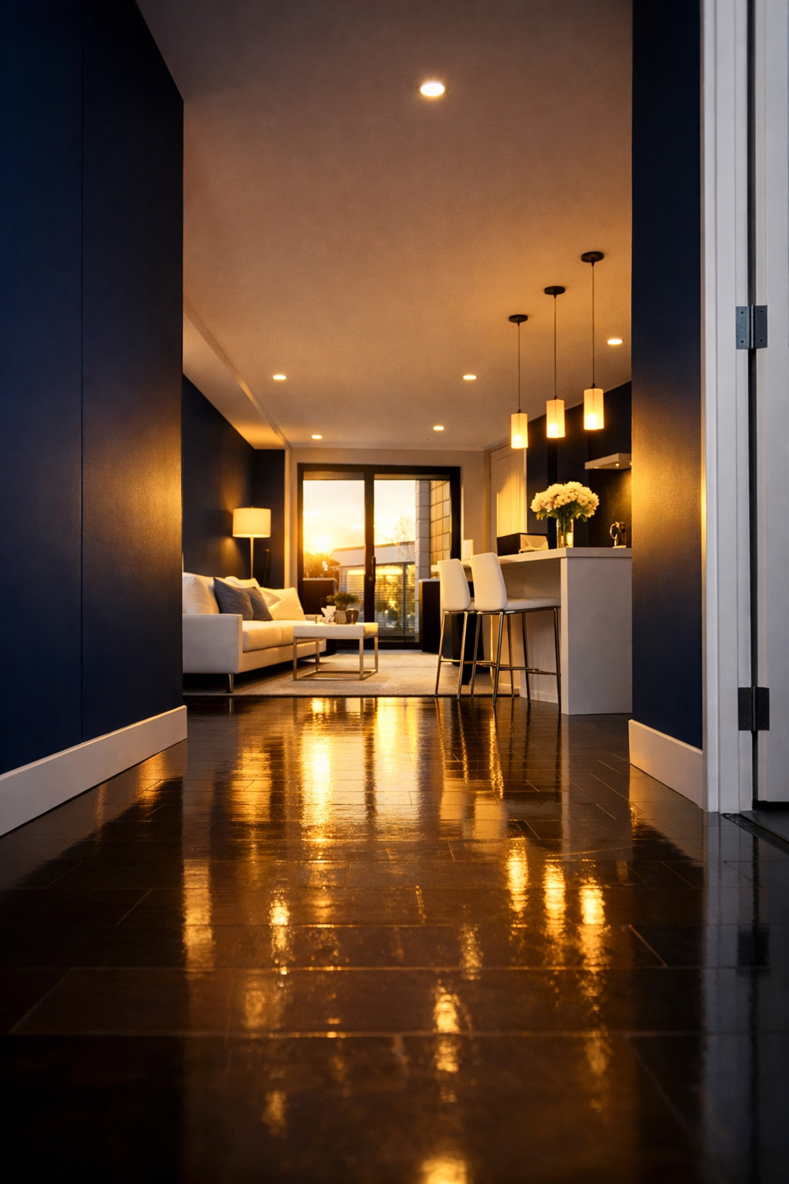 Impeccable modern apartment in Cambridge MA with polished floors, showing the ninja-level cleaning results.