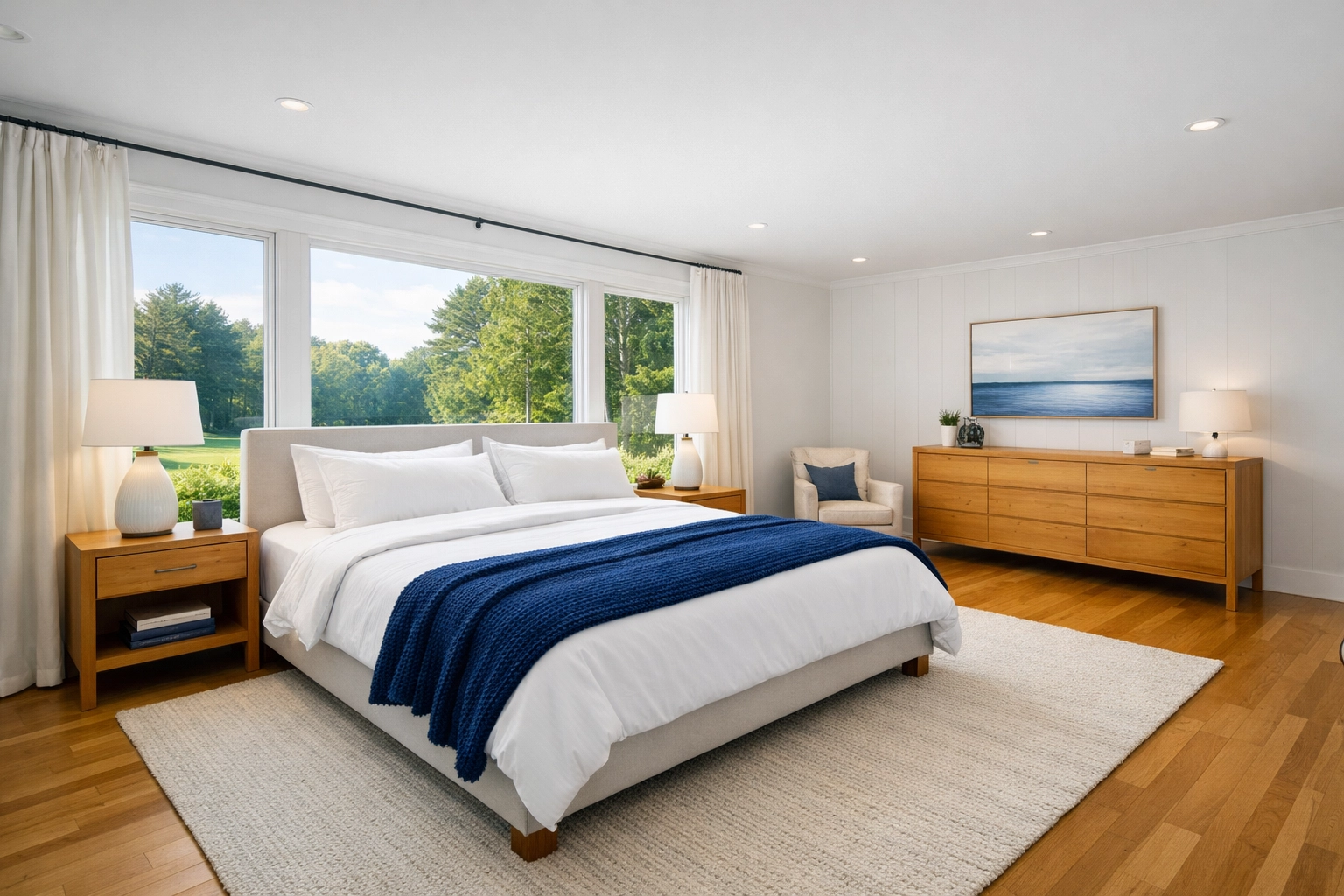 Tidy master bedroom with crisp white linens and a peaceful view of the Massachusetts landscape.