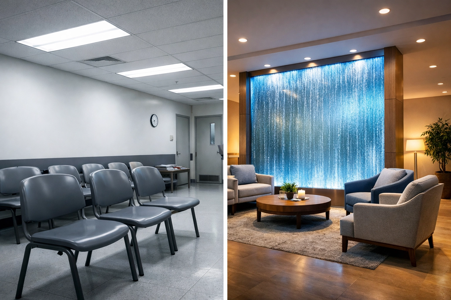 Medical facility waiting room comparison: traditional sterile design vs bio-safe L2O waterwall