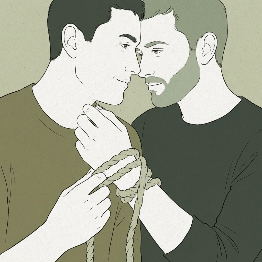 Gay men sharing intimate rope bondage moment - trust and emotional connection in relationship