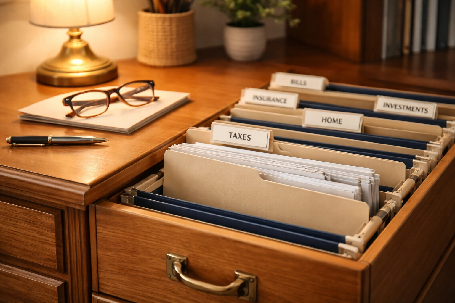 Organized home filing system with documents, emphasizing careful recordkeeping for security clearance and divorce in Fredericksburg.