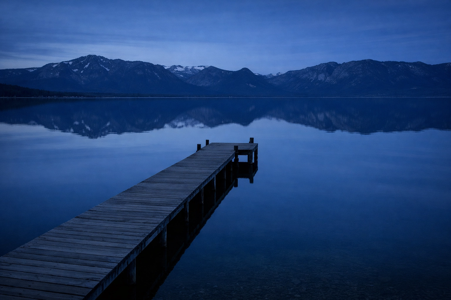 A serene wooden pier on Lake Tahoe at dawn, illustrating a top landscape photography spot for sunrise.