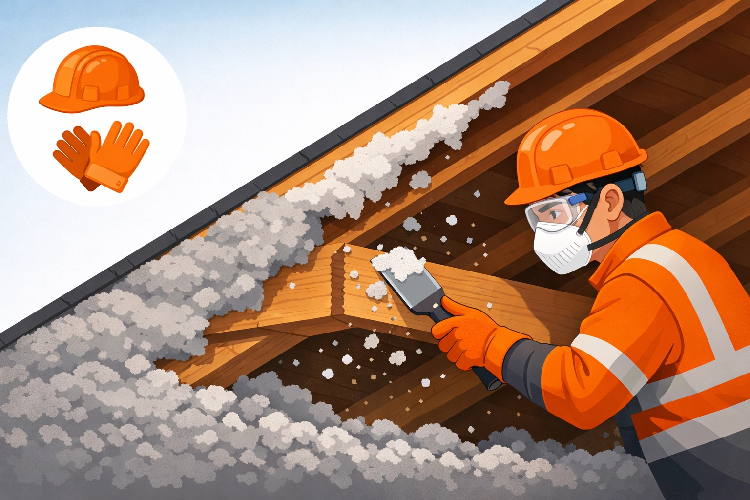 Professional contractor safely removing spray foam insulation from wooden roof timbers