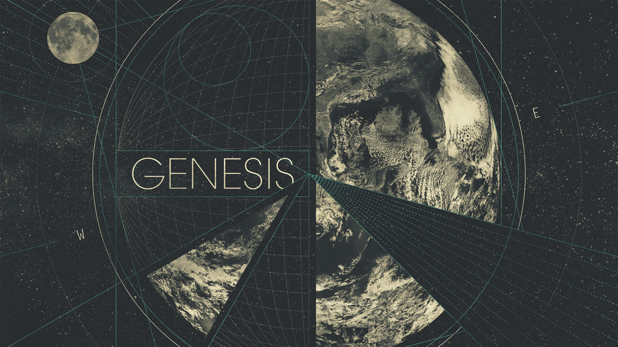 Genesis Series Image 1 Artistic representation of Earth split with geometric patterns and the word 'GENESIS', green-tinted.