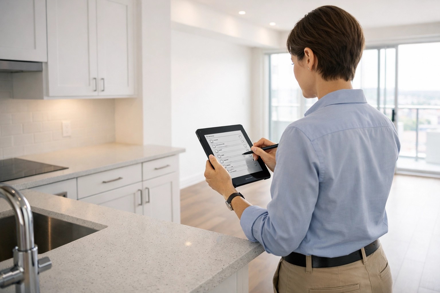 Property manager conducting final inspection of cleaned apartment before tenant move-in