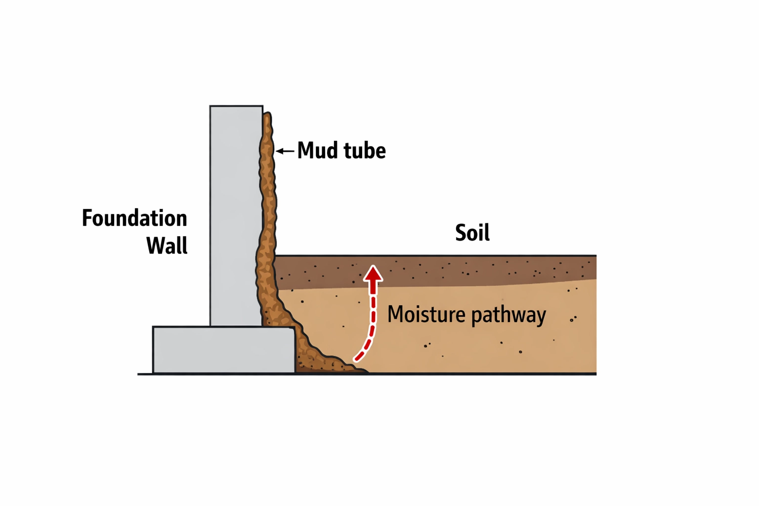 Minimalist diagram showing a termite mud tube running from soil up a foundation wall into wood framing (soil-to-wood pathway).