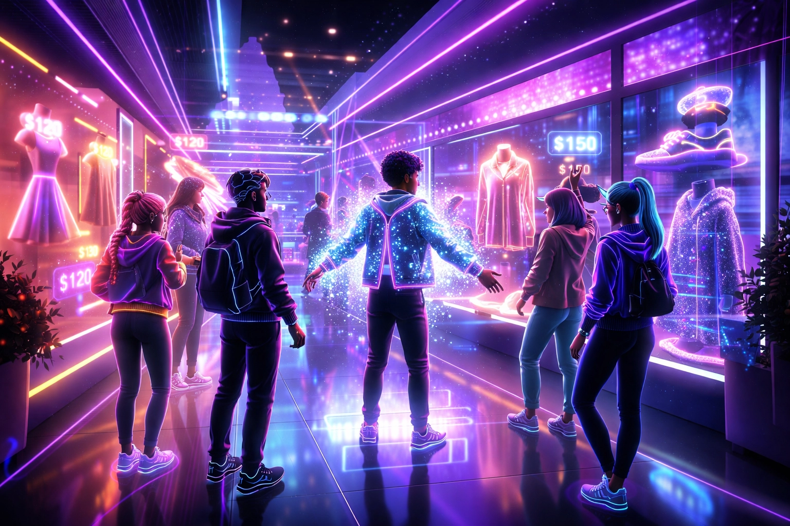 Avatars shopping together in a virtual metaverse mall, exploring digital products and accessories in a vibrant VR shopping environment.