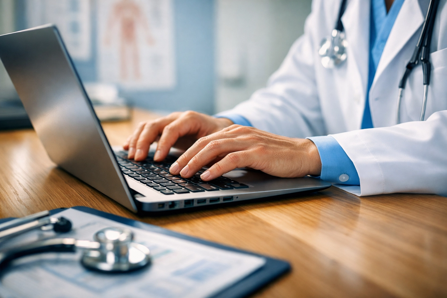 Medical billing specialist managing electronic prior authorization requests on laptop