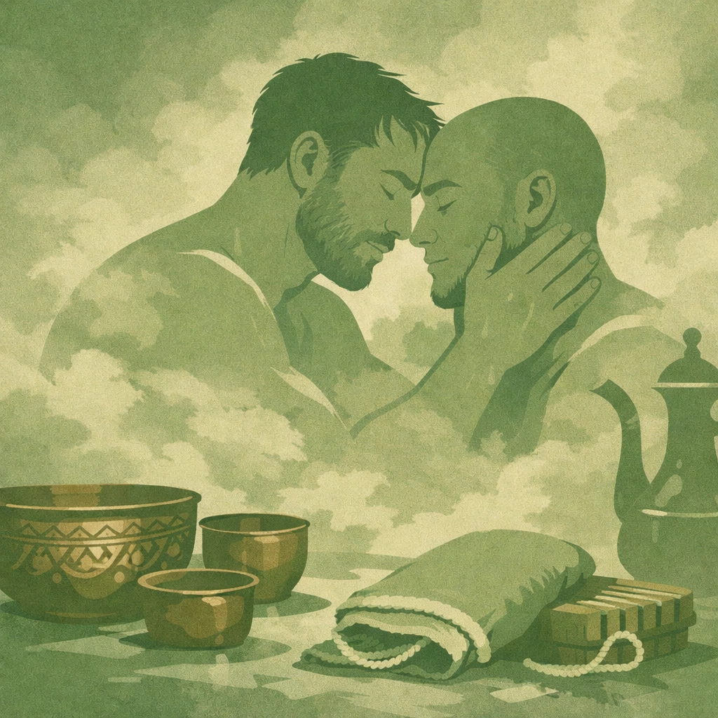 Steamy MM romance scene in traditional Central Asian hammam with copper bathing bowls