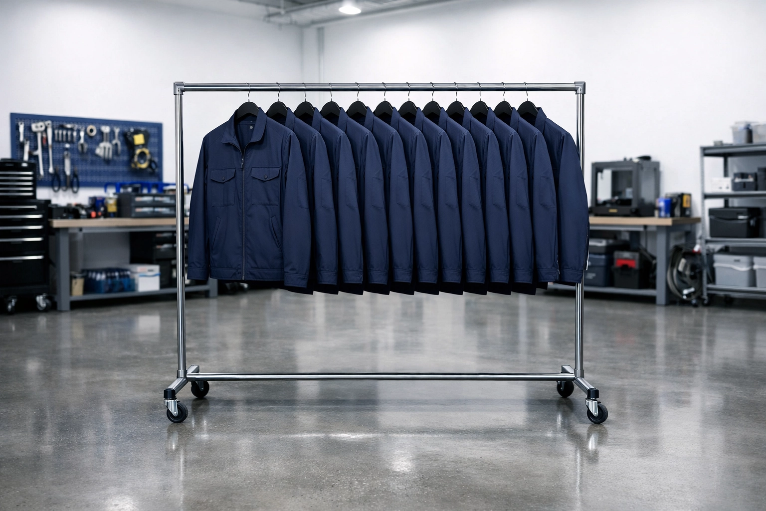 A rack of matching navy blue company uniforms with professional custom embroidery in our Kona shop.