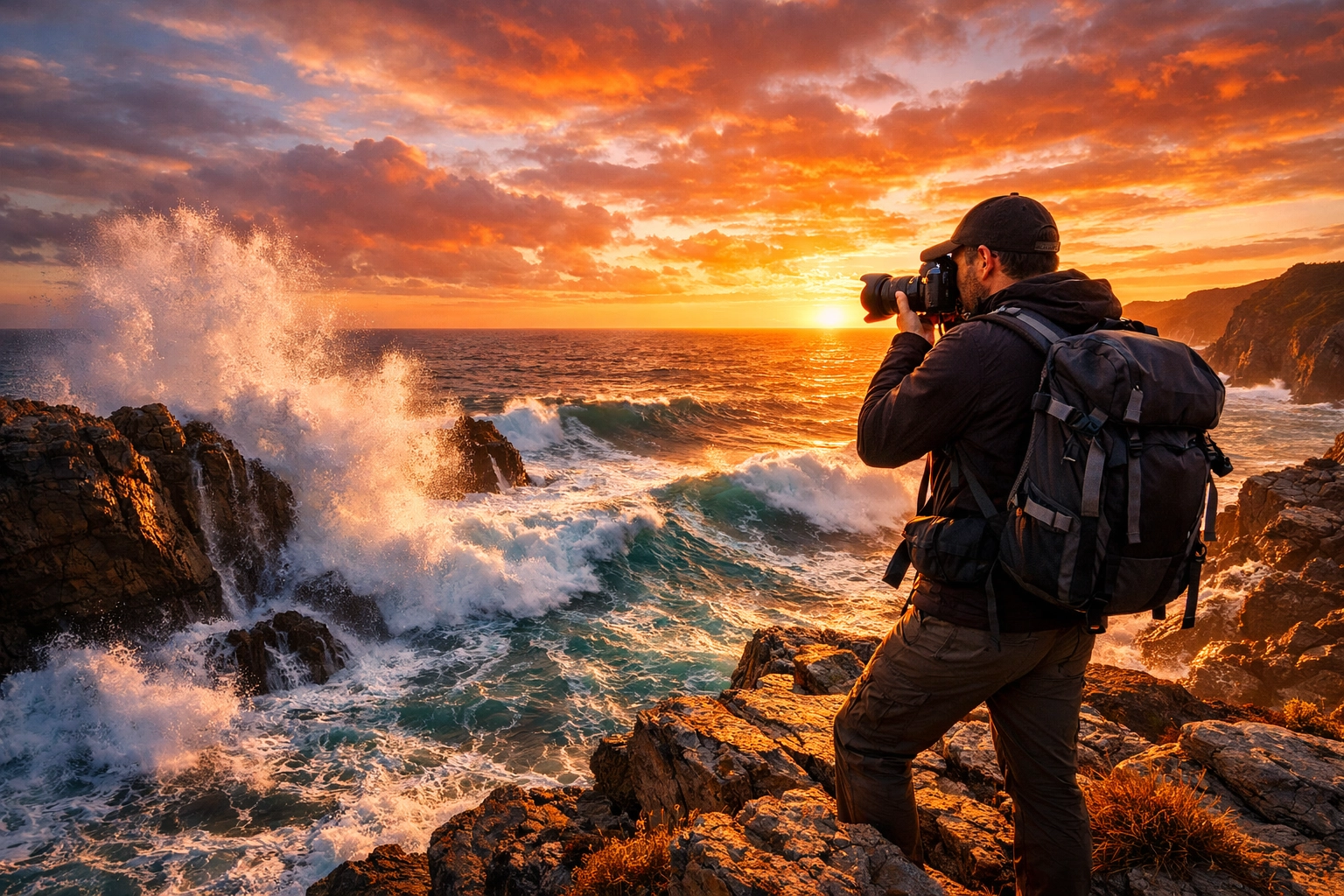 The Ultimate Guide to Photography Networking in 2026: Everything You Need to Succeed with ProShoot.io 3 Traveling photographer with gear capturing a coastal sunset landscape on a rugged cliffside.