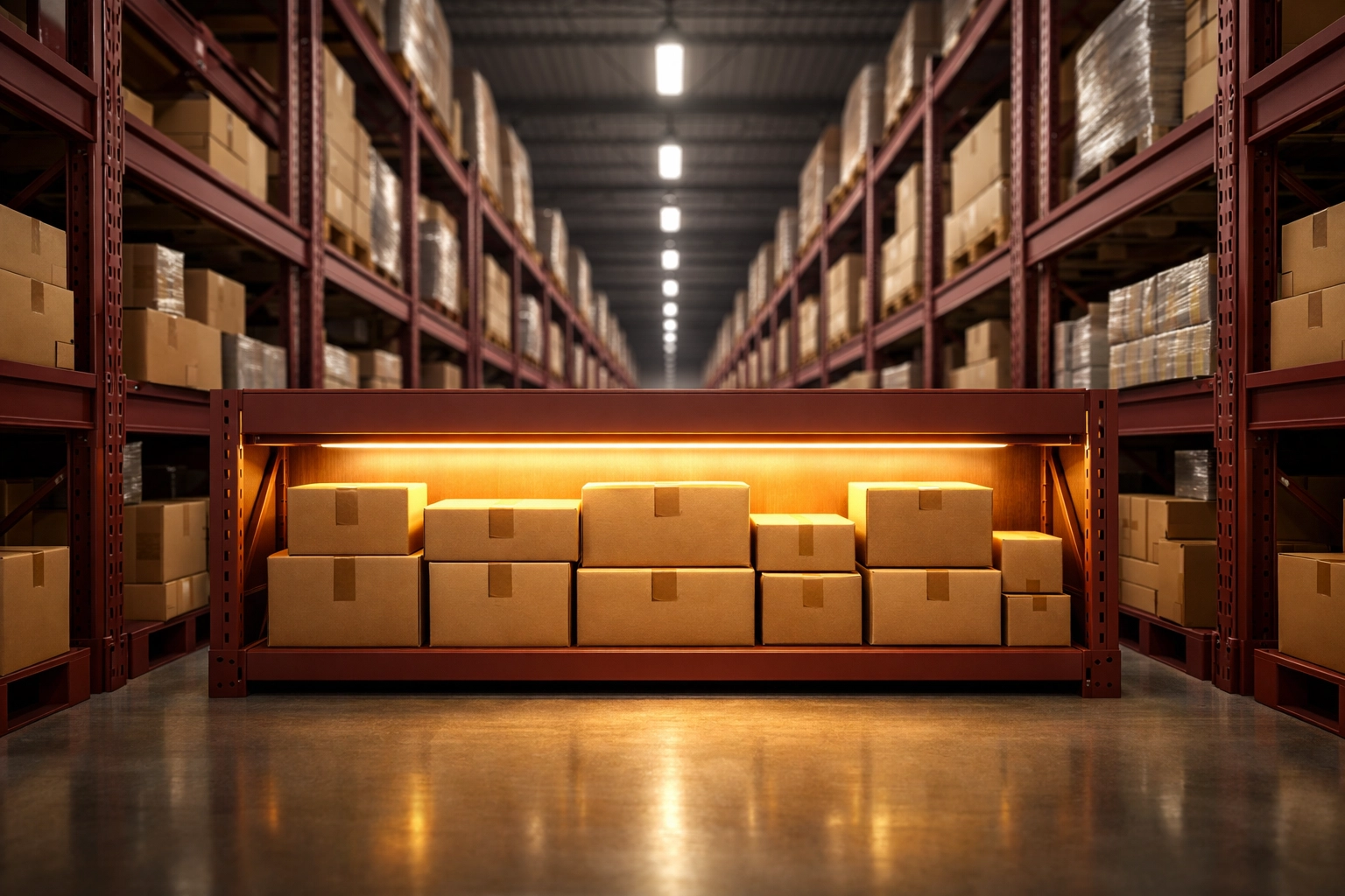 Organized warehouse aisle showing secure ecommerce safety stock and efficient inventory storage.