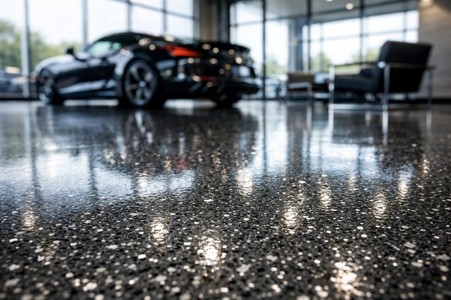 Seamless polyaspartic floor coating in a Flowood automotive showroom with silver flake.
