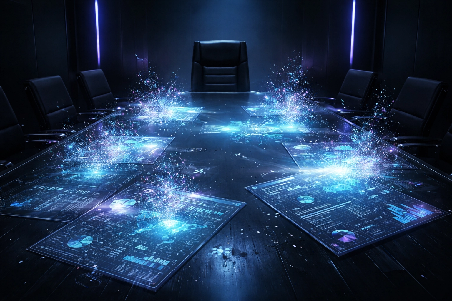 Futuristic boardroom with fading holographic strategy documents, highlighting corporate AI inaction and stalled implementation.