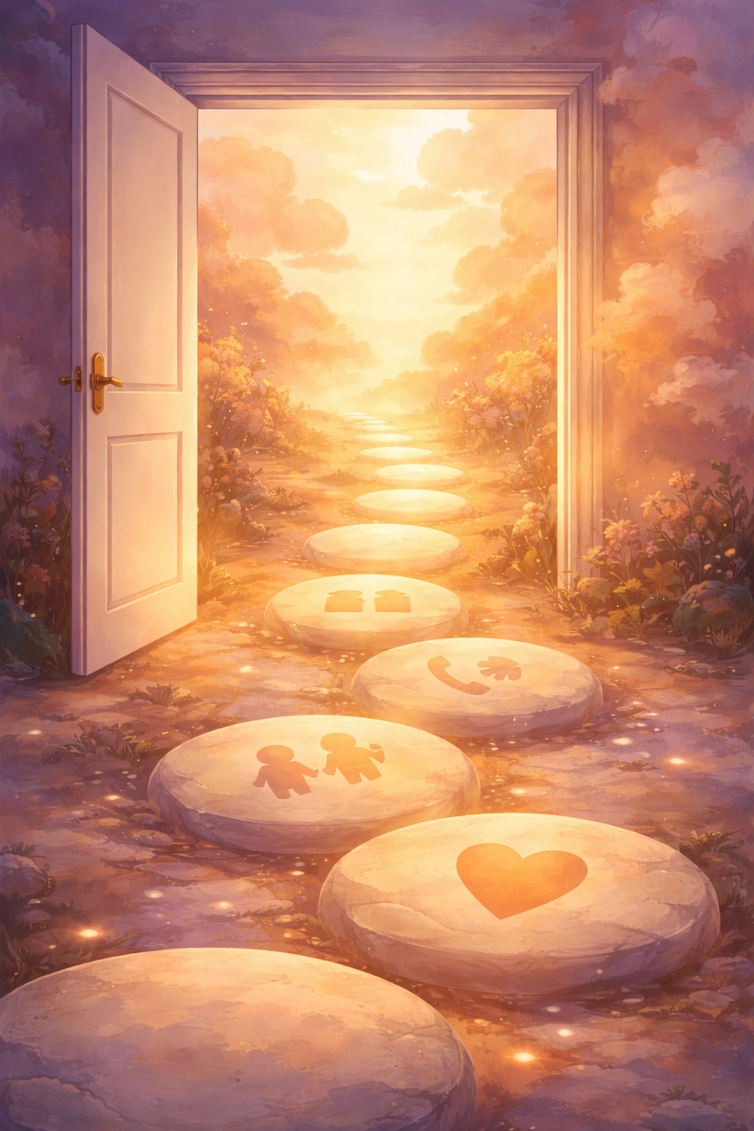 Open door with golden light and stepping stones, inviting all to begin their online faith journey with Boundless Church.